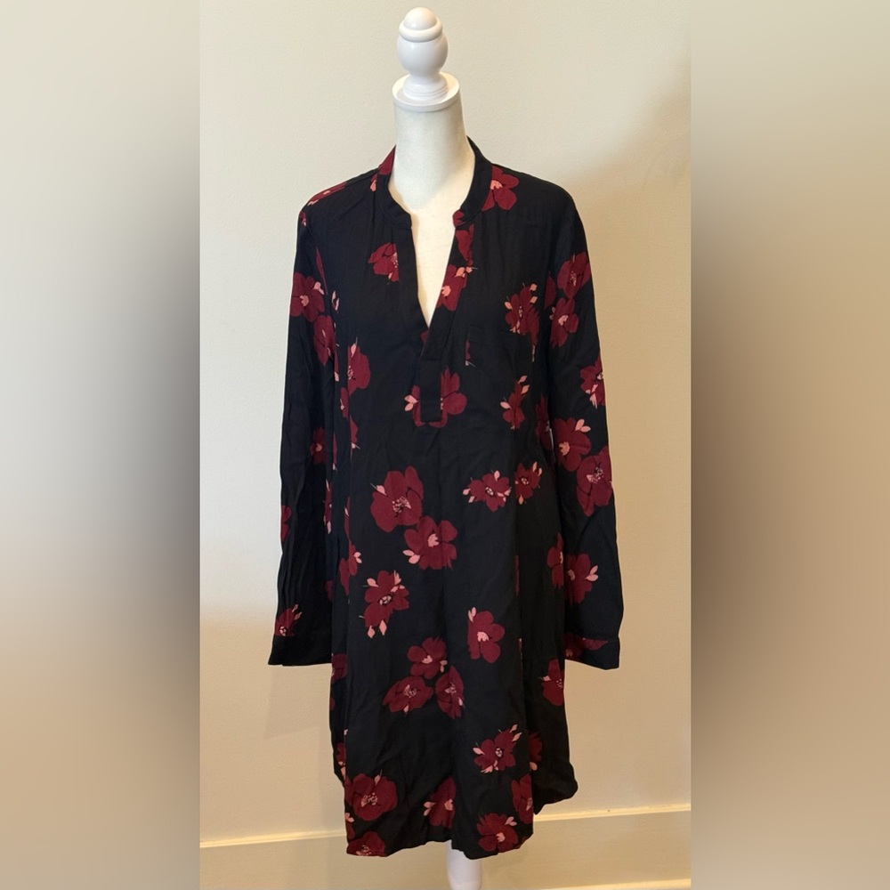 Black Tunic Dress with Burgundy Floral Print